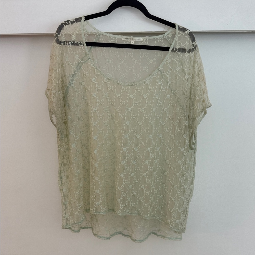Threads 4 Thought Lace Overlay Blouse in Soft Green
